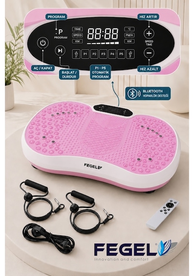 Fegel FG-6500 99 Kademeli Hoparlörlü Direnç Bantlı Uzaktan Kumandalı Titreşimli Fitness Platformu Pembe