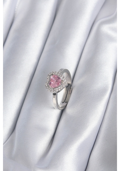 Pirinç Gümüş Renk Pembe Zirkon Taşlı Charm Model Kadın Yüzük 5886