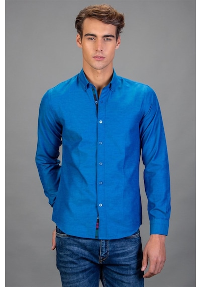 Tudors Slim Fit Dar Kesim Uzun Kol Poplin Oxford Erkek Gömlek-15569 Lacivert