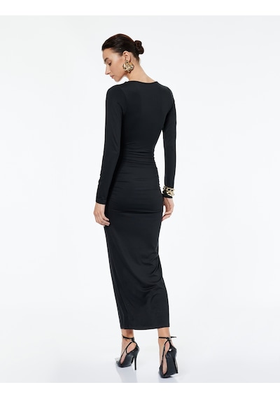 Koton Aksesuar Detaylı Uzun Kollu Slim Fit Derin V Yaka Maxi Bodycon Elbise Siyah 6wak80326ek Siyah