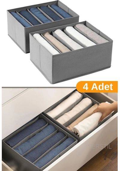 Serstil 4 Adet - 5 Bölmeli Katlanabilir Kumaş Saklama Kutusu Dolap İçi Düzenleyici Organizer - Gri