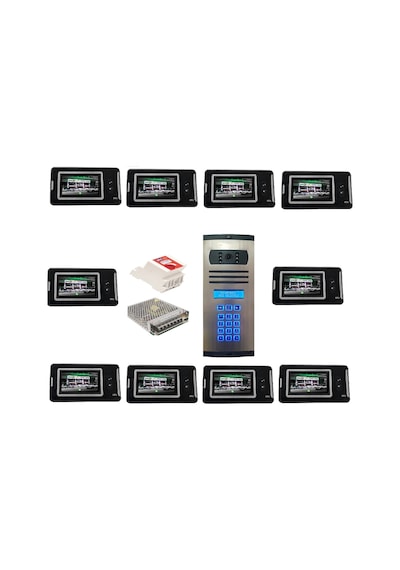 10 Daire Nts 2001-s 4,3'' Görüntülü Diafon Siyah-8003 Tuş Takımlı Şifreli Zil Panelli Set
