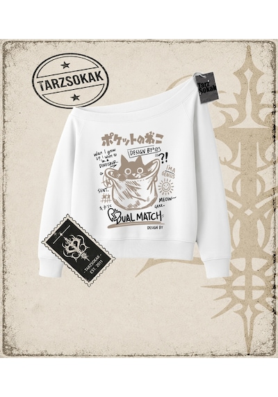Tarzsokak Gotik & Grunge Streetwear Hiding Cat Dual Match Kayık Yaka Sweatshirt Beyaz