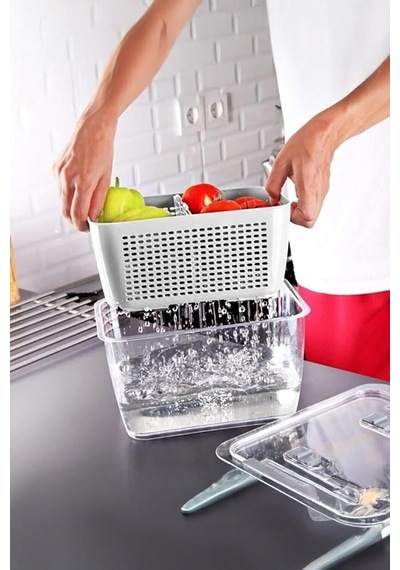 Beyaz 2'li 2,5 Litre Süzgeçli Bölmeli Organizer Buzdolabı Hava Geçirmez Saklama Kabı Diğer