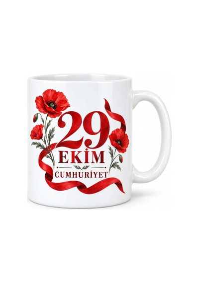29 Ekim Cumhuriyet Gelincik Çiçekli Porselen Kupa - Kırmızı Beyaz Tasarım - Model 260