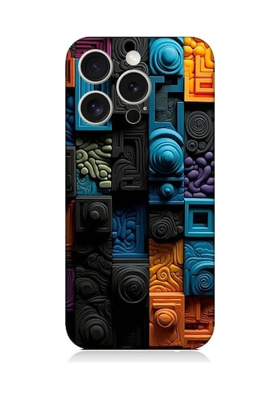 Apple Uyumlu iPhone 15 Pro Renkli Kareler Ve Spiraller Desenli Silikon Kılıf