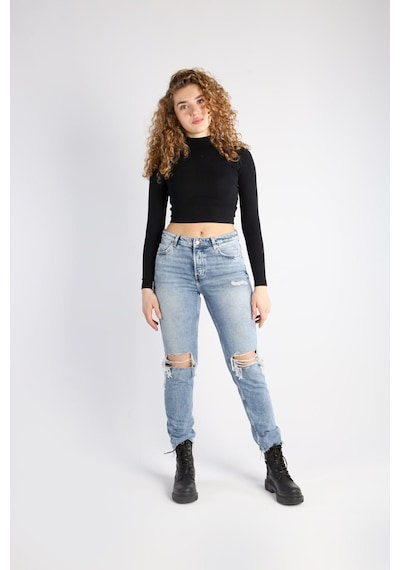 Mom Kalıp Diz Ve Paça Lazerli Denim Pantolon 001