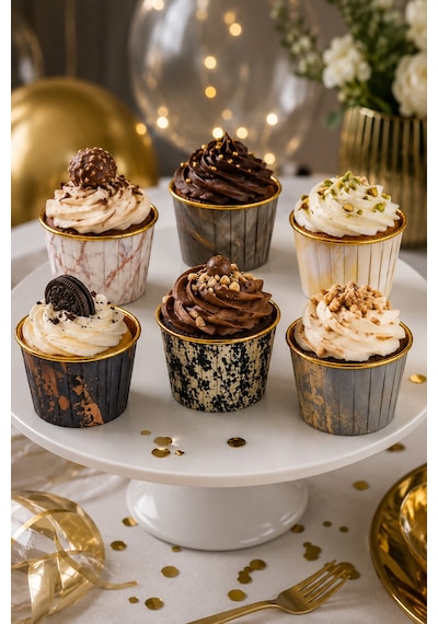 Cupcake Kapsülü 24'lü Mermer Desenli Gold Varaklı Asetat Kutulu Kek Ve Muffin Pişirme Kapsülü