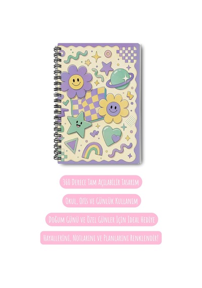 Nostaljik Estetik Papatya Ve Renkli Geometrik Tasarım A5 50 Yaprak 100 Sayfa Spiralli Çizgili Defter