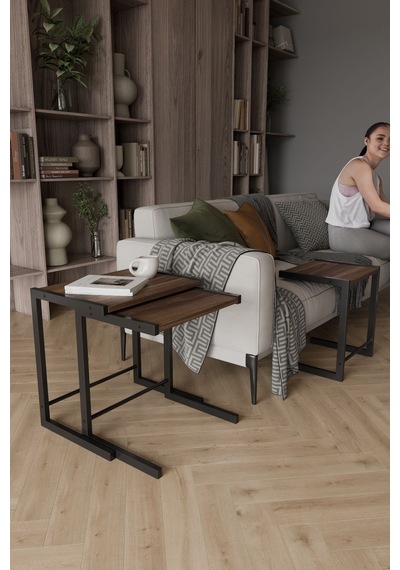 Bronte 3 Lü Zigon Sehpa, Metal Zigon Sehpa Ceviz