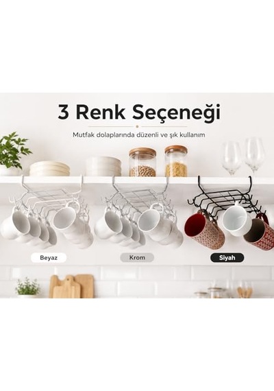 Alper Banyo 10 Kancalı Siyah Fincanlık, Rafa Geçmeli Kupa Askısı, Dolap Altı Fincan Düzenleyici, Montajsız Metal Mutfak Organizer Açık Ahşap