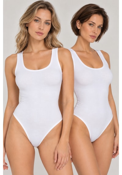 Loule Kadın 2'li %95 Pamuklu Geniş Askılı Alttan Kancalı Body Beyaz