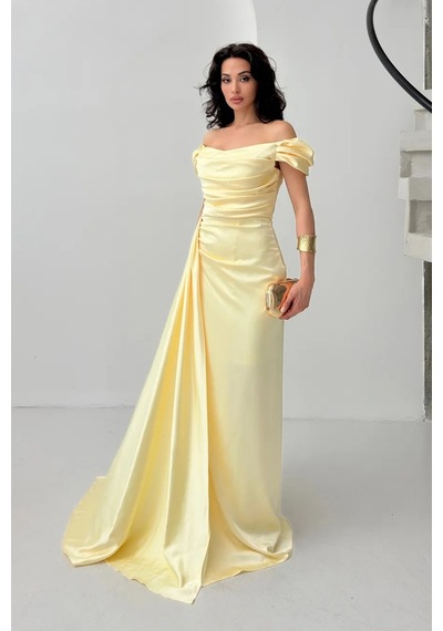 Feminist Sarı Drape Detaylı Saten Kumaş Abiye Elbise 9704858.11 Sarı