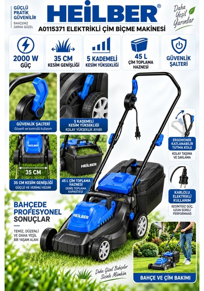 Heilber Ba0115371 2000w Elektrikli Çim Biçme Makinesi 35 Cm Kesim Genişliği, 5 Kademeli Yükseklik Ayarı, 4