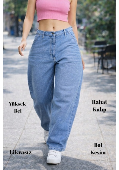 Cedy Denim Cedy Denım Yüksek Kalite Kadın Yüksek Bel Baggy Skater Jean Açık Mavi