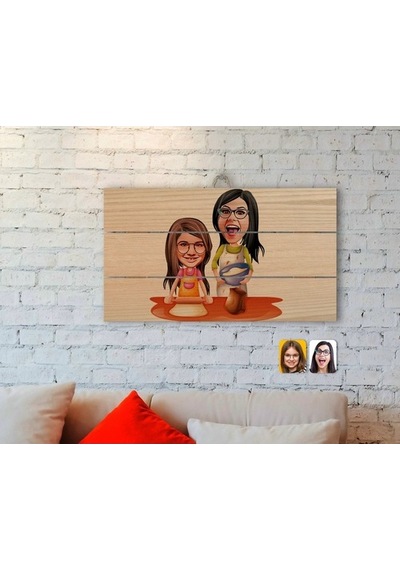 Kişiye Özel Anne Kız Karikatürlü Otantik Ahşap Palet Tablo-2