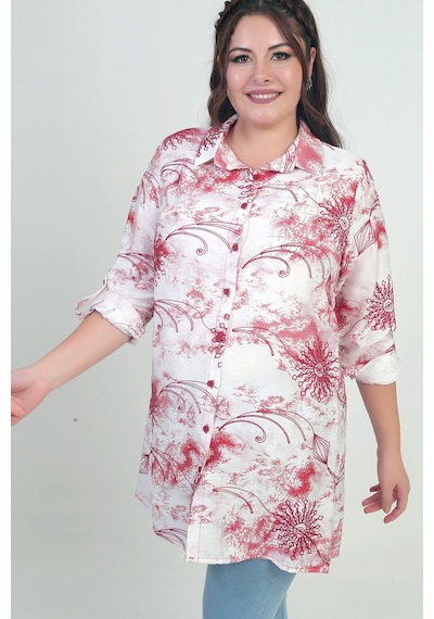 By Saygı Kadın Kol Katlamalı Batik Desenli Büyük Beden Uzun Gömlek Kırmızı