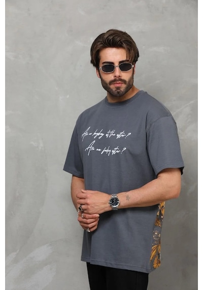 Erkek Bisiklet Yaka Baskılı Oversize T-shirt - Füme Füme