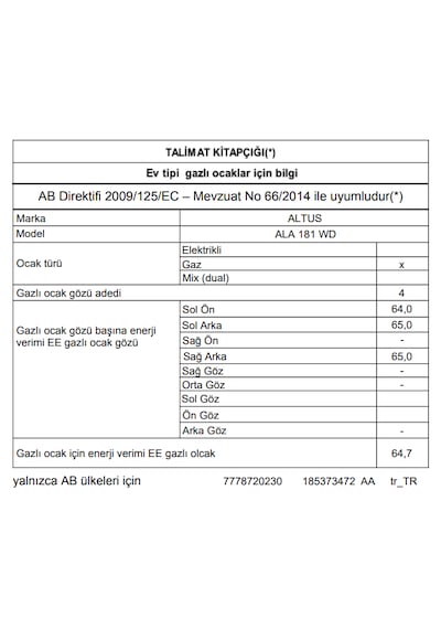 Altus ALA 181 WD Doğalgazlı Ankastre Ocak