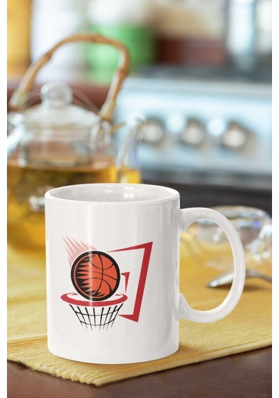 Basketbol Topu Baskılı Porselen Kupa Bardak Beyaz