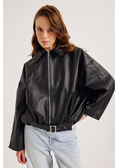Meecy Yeni Sezon Suni Oversize Bomber Deri Ceket Siyahh Siyahh