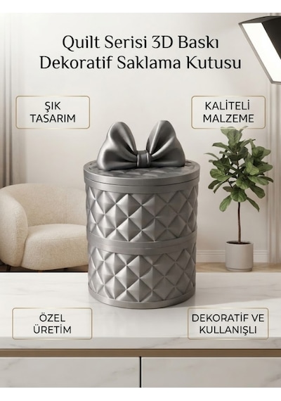 Dekoratif Kapitone Fiyonklu Kutu Ve Şık Takı Saklama Kabı Gümüş