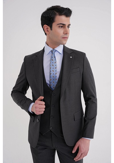 Efor Slim Fit Çift Yırtmaç Çizgili Esnek Yünlü Antrasit Yelekli Klasik Takım Elbise Tk 935 Antrasit