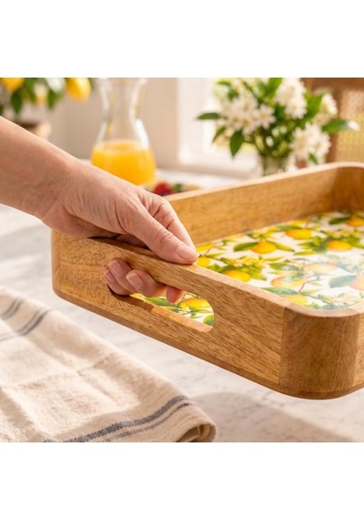 Tr Mango Ağacı Dikdörtgen Servis Tepsisi, 40 X 28 X 4,70 Cm Limon Desenli Ahşap Sunum Tepsisi, Yüksek Kenarlı Kahv