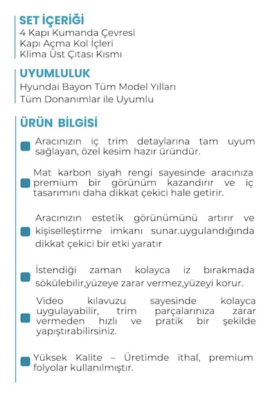 Hyundai Bayon İç Trim Set Mat Karbon Siyah/ Ayna Katlama Butonsuz