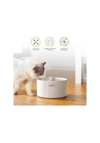 Wero Otomatik Kedi Köpek Su Şelalesi Su Pınarı Su Sebili Seramik - Sessiz Çalışma - 2.0 Lt Otomatik Su Temizleme - Beyaz