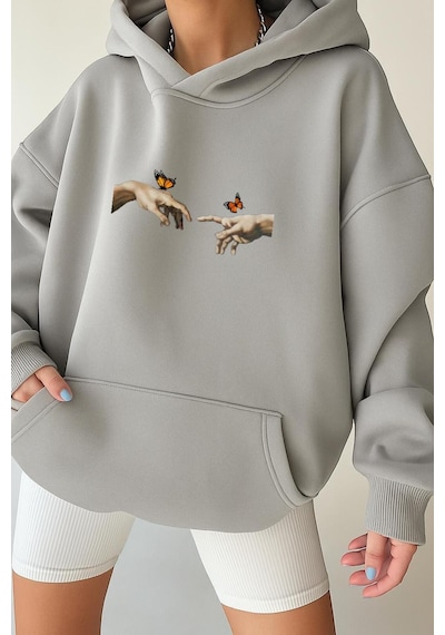 Benroma 3 İplik Penye El Parmak Unisex Kapüşonlu Sweat Gri