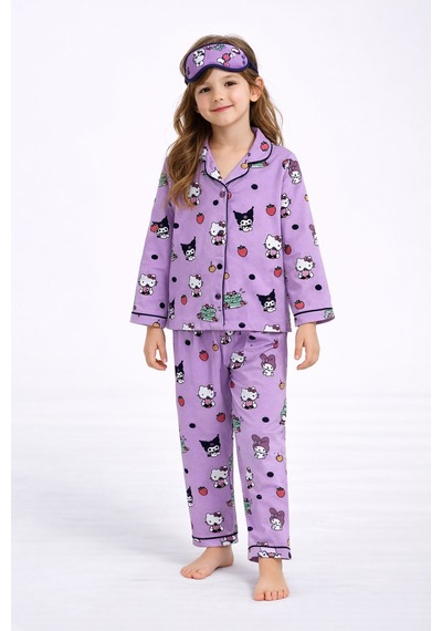 Beka Kids Desenli Uzun Kollu Önden Düğmeli Gömlek Yaka Kız Çocuk Pijama Takımı Ve Göz Bandı Mor Beka Kids Desenli Uzun Kollu Önden Düğmeli Gömlek Yaka Kız Çocuk Pijama Takımı Ve Göz Bandı Mor