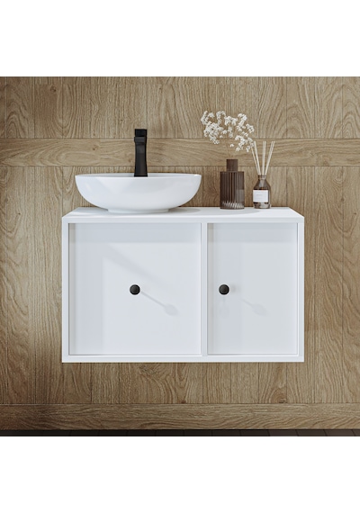 Gusto Ayaksız Oval Lavabolu Mdf 75 Cm Çekmeceli Banyo Dolap Beyaz Mat Beyaz