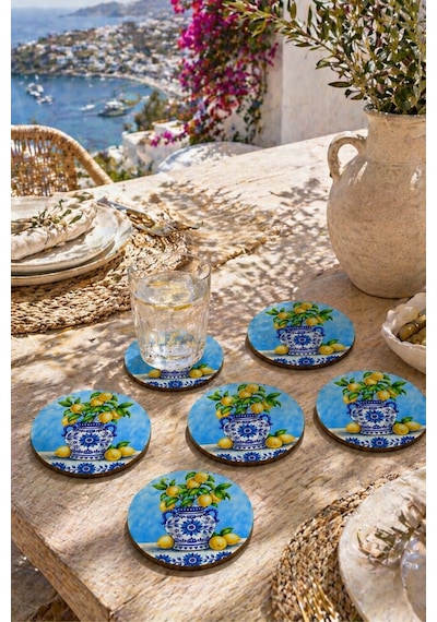 Limonlu Biblo Motifli Bardak Altlığı 6 Lı Set Sicilya 9 Cm Mdf Çok Renkli