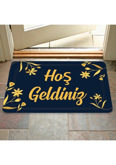 Hoş Geldiniz Yazılır Dekoratif Dış Kapı Önü Ve Iç Mekan Paspası Yıkanabilir Lacivert