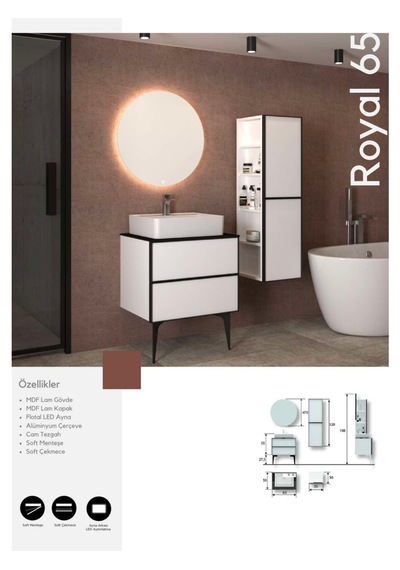 Evros Royal 65 Cm Banyo Dolabı Boy Dolabı Dahil Beyaz - Siyah