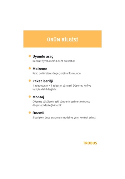 Renault Symbol 2013-2021 Uyumlu Araca Özel Koltuk Oturak Ve Sırt Süngeri Takımı