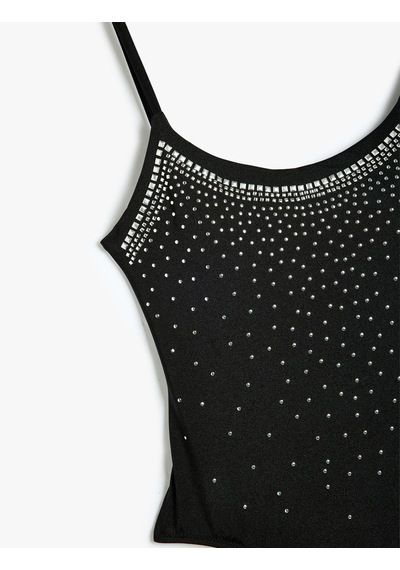 Koton Taşlı Mayo İnce Askılı Slim Fit Astarlı Pedli Siyah 4sak20037mm Siyah