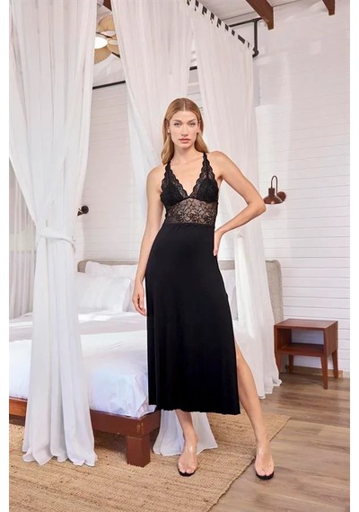 Ang Butik Kadın Göğüs Ve Sırt Dekolteli Dantelli Sabahlık Takımı Siyah