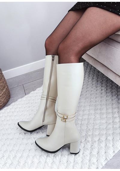 Asmi Shoes Kadın Mikeno Tokalı Yandan Fermuarlı Diz Altı Çizme Krem Krem