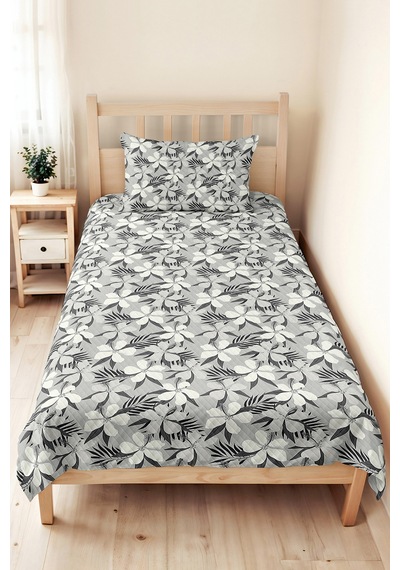 Çiçekli Gri Modern Tek Kişilik Pike Takımı - Botanik Beyaz Antrasit 160x220 Cm Kapitone Yatak Örtüsü Naif Gölge Kıyımı