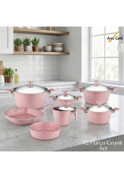 12 Parça Granit Set Çelik Kapak - Pembe Pembe
