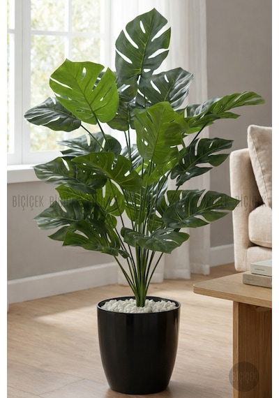 Biçiçek Yapay Monstera Deve Tabani 60 Cm Si̇yah Yakut Saksıda