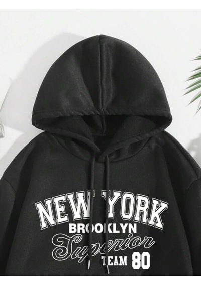 Siyah New York Team Baskılı Kapüşonlu Sweatshirt Ve Eşofman Altı Eşofman Takımı Siyah