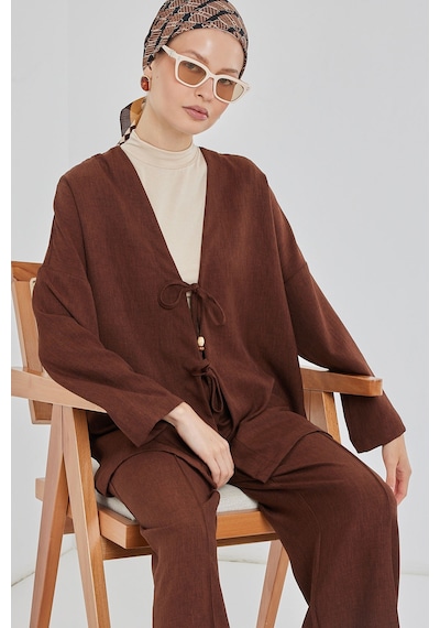 Bigdart Kadın Keten Kimono İkili Takım 6727 - Kahverengi