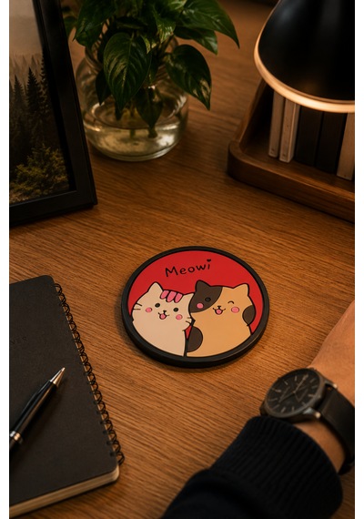 Kemboss Meowi Kedili Bardak Altlığı 2'li Set - Pvc Kaydırmaz Bardak Altlığı Kahve Kupa Çay Bardağı Altlığı Masa Koruyucu Çok Renkli