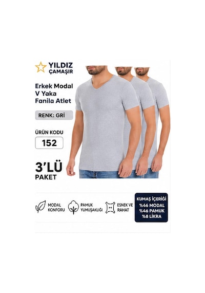 Yıldız Çamaşır Erkek V Yaka Kısa Kol Modal Likralı Fanila Atlet 150-151-152-153 - 3 Adet Gri