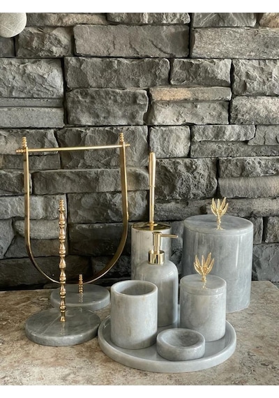 Gri Doğal Mermer Gold Zeytin Dalı Aksesuarlı 9,lu Banyo Seti Beyaz