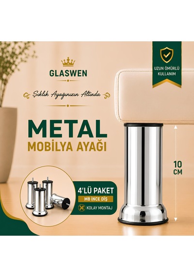 4 Adet Metal Destek Ayağı 10 Cm Krom Mobilya Kanepe Baza Koltuk Ünite Ayakları Metrik 8 Civatalı İnce Diş Krom