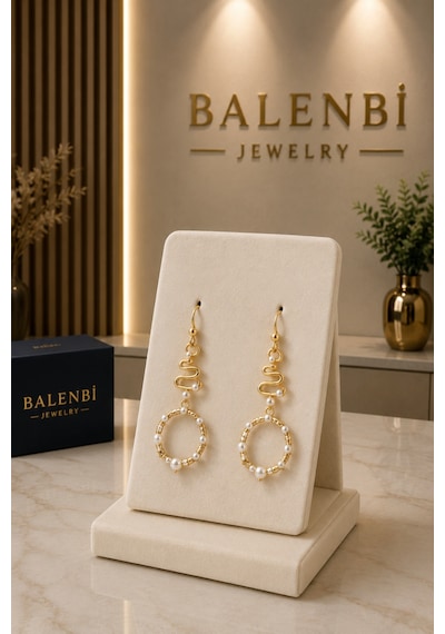 Balenbi Gold Renk Paslanmaz Çelik İnci Detaylı Geometrik Sallantılı Küpe 1042 Altın